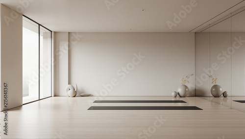 Contemporary minimalist yoga studio with minimal decor. Featuring clean lines and a serene design
