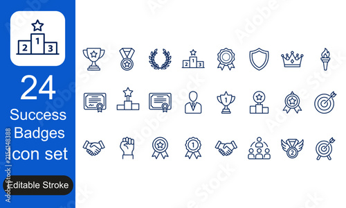 Success badges icon set featuring trophy medal winner podium certificate crown target and business award line icons