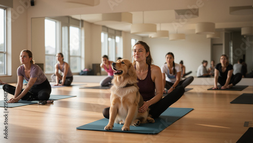 woman and dog in yoga class
