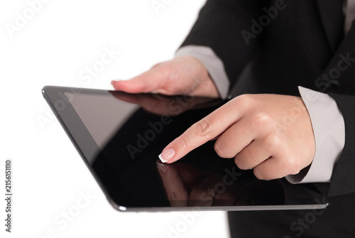 Konstfotografi Business woman pointing with finger on Digital Tablet isolated on white