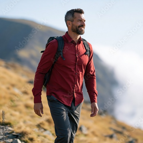 Fit man walking on alpine trail with backpack for hiking poster and active travel background