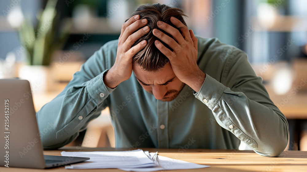 Fototapeta premium Faceless person sitting at a desk with head in hands, papers and a laptop nearby, decision-making stress and business dilemma concept, defocused office background, with copy space
