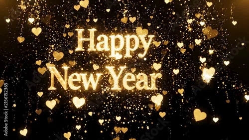 Golden lettering wishing happy new year surrounded by glowing heart shaped particles floating against dark background.