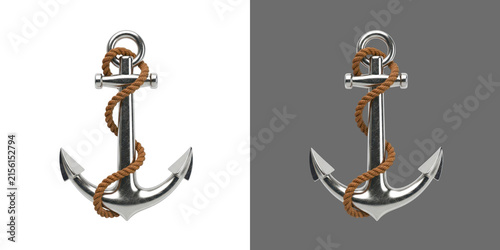 Bild auf Leinwand Shiny metal ship anchor with brown rope 3D graphic transparent png