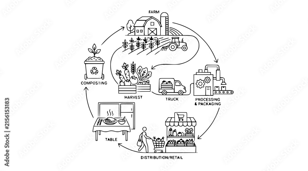 Fototapeta premium Sustainable Food Supply Chain Infographic from Farm to Table and Composting Cycle Vector