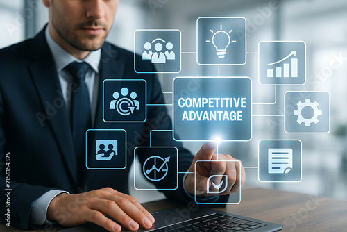 Businessman interacting with glowing network of business related flat icons