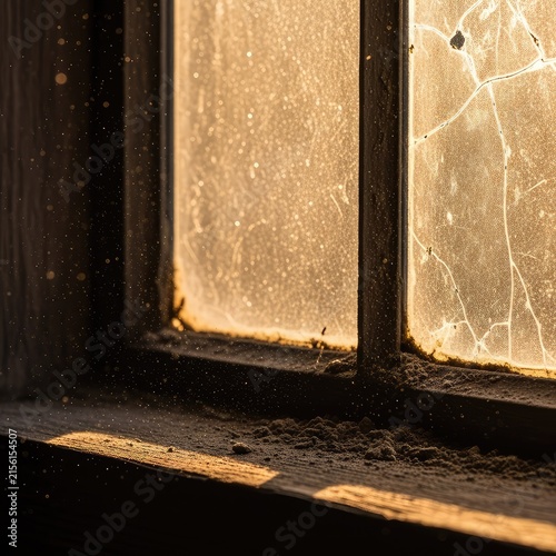 Warm golden sunlight streams through a weathered glass pane, highlighting floating particles and thick dust settled on an aged wooden ledge, vintage, tranquil, aged