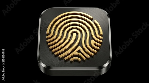 Golden fingerprint icon on black button for biometric security and digital identity access.