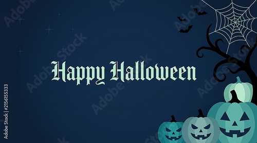 Happy halloween greeting with blue pumpkins and spider web on dark background