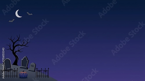 Spooky halloween graveyard with bats and crescent moon at night