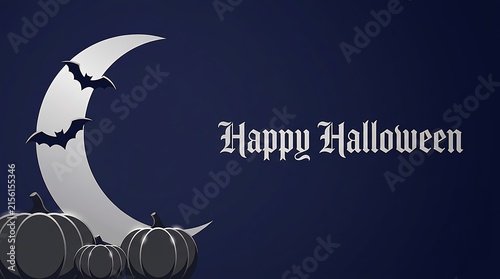 Happy halloween greeting with crescent moon bats and orange pumpkins