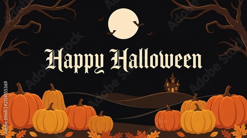 Happy halloween greeting card with pumpkins and full moon at night