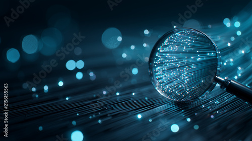 Magnifying glass examining fiber optic strands depicting network inspection high speed data transmission and digital connectivity analysis.
