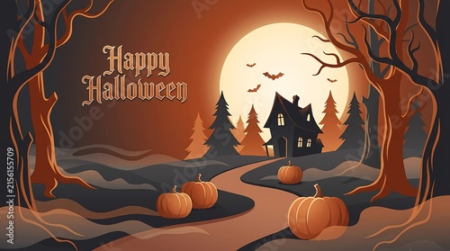 Happy halloween greeting card with pumpkins and a spooky haunted house