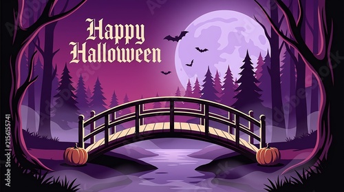 Happy halloween pixel art with a wooden bridge in a spooky forest