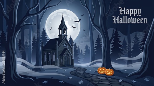 Happy halloween church with full moon and pumpkins in a dark forest