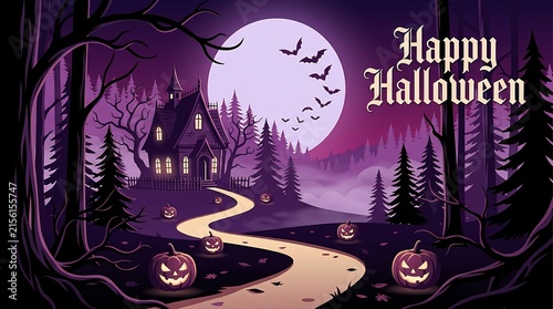 Happy halloween haunted house with pumpkins and full moon in night forest