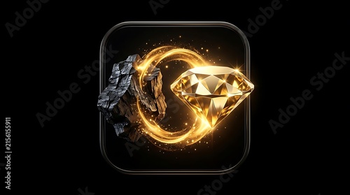 Glowing diamond ring emerging from raw coal rock on black background