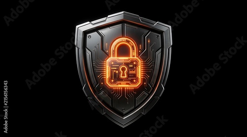 Cyber security shield with glowing orange padlock icon for digital data protection concept