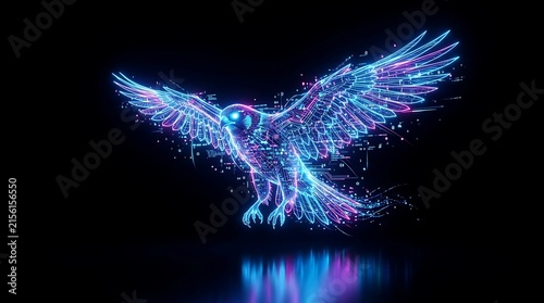 Neon eagle silhouette made of glowing blue and purple digital light particles