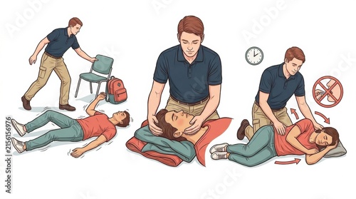 A person provides first aid in a workplace setting, showing techniques for helping an injured individual and ensuring safety during emergencies.