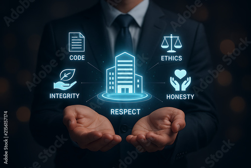Corporate values icons with building shape illuminated in a businessman s hands