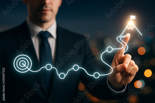 Line graph with flag and businessman pointing illuminated against blurred city