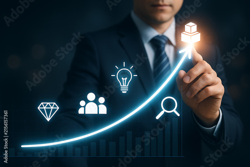 Business Growth Concept With Man Pointing At Rising Chart And Icons