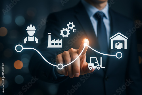 Logistics Process Diagram With Worker Factory Truck And Warehouse Icons