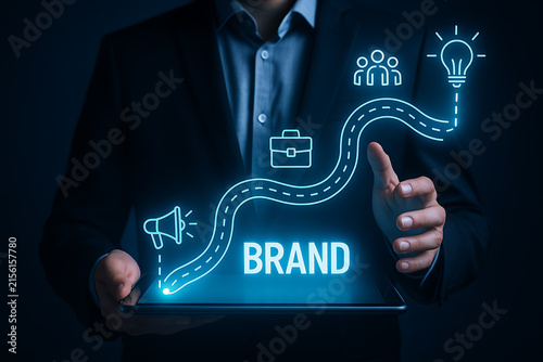Man Holding Tablet Displaying Brand Journey With Icons And Light Trails
