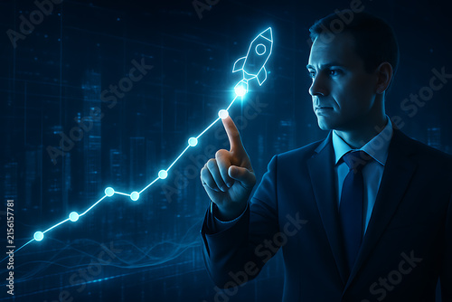 Man Pointing To Line Graph With Rocket Outline Futuristic Technology