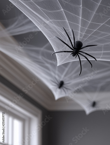Artificial cobweb with plastic spiders in corner
