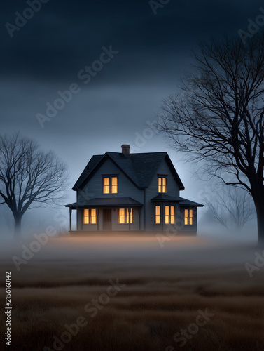 Creepy Victorian haunted house with glowing windows