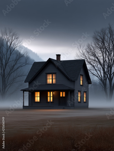Creepy Victorian haunted house with glowing windows