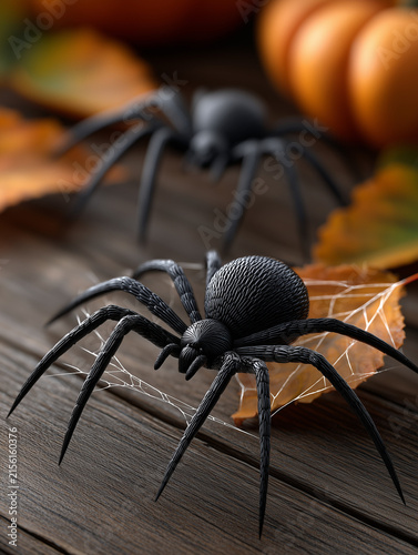 Halloween spider web with black plastic spiders on table