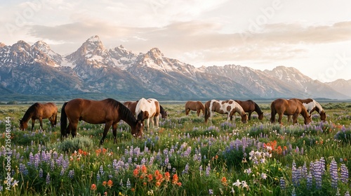 Horses graze in a wildflower meadow with majestic mountain peaks in the background.