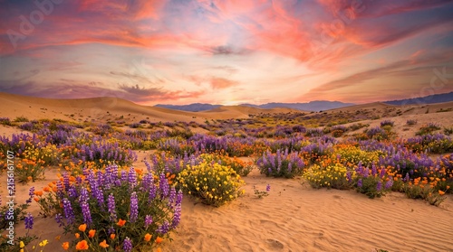 Desert wildflowers bloom in abundance across sandy dunes under a vibrant sunset sky.
