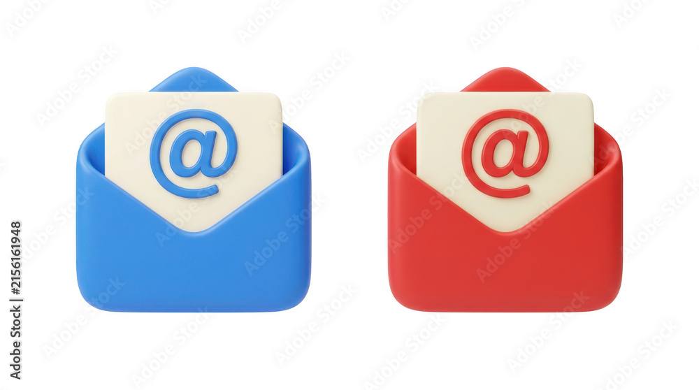 Obraz premium Two 3d rendered email envelope icons with at symbol isolated on transparent background