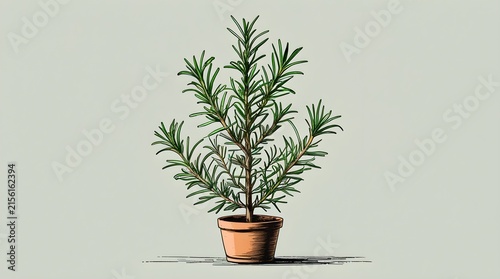 Rosemary herb plant in terracotta pot drawing