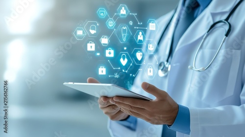 Medical Platform Managing Patient Information Securely Healthcare Maintenance Display, medical technology service, AI diagnostic solutions, connected healthcare support