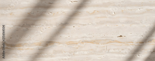 travertine texture, beige stone surface background, natural marble wall with tree branch shadow overlay, elegant architectural material, luxury interior design backdrop, blank banner with copy space