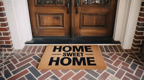 Home Sweet Home doormat on a brick porch in front of a wooden front door entrance.