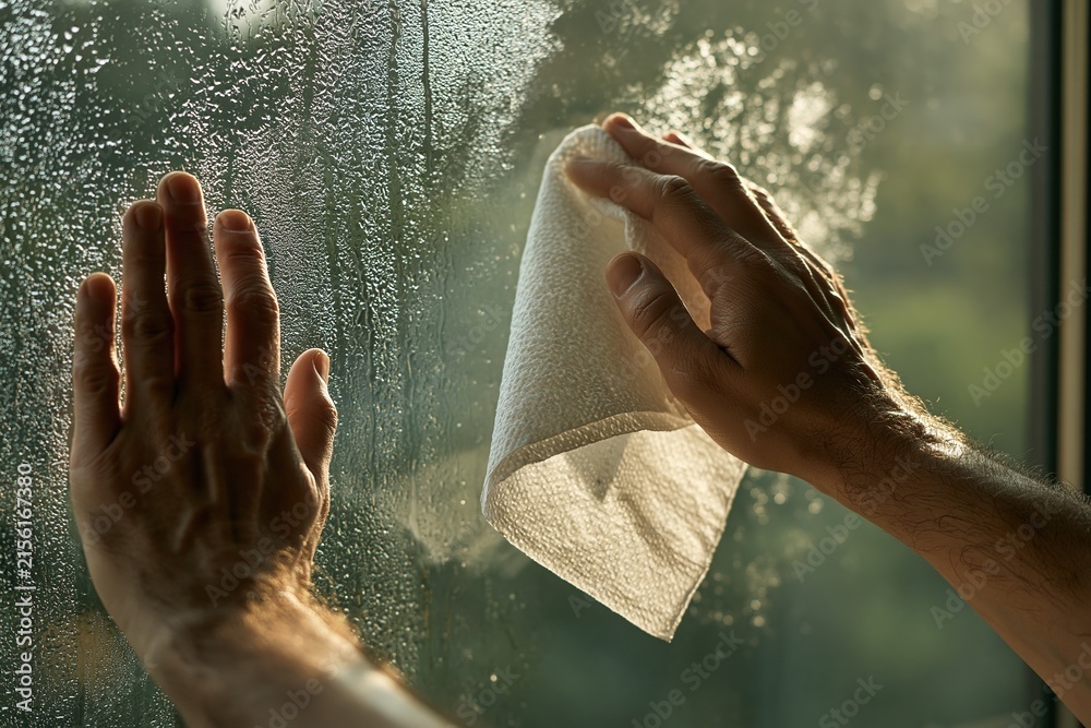 Fototapeta premium Hand Wiping Condensation from Window Pane