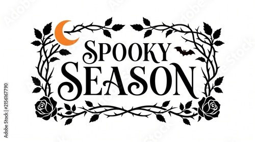 Spooky season halloween illustration with crescent moon and floral botanical design