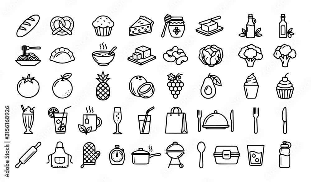 Fototapeta premium Minimal Black and White Food and Beverage Line Art Icon Set for Menu, Restaurant and UI Design