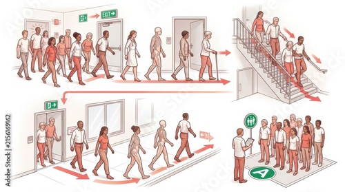 Groups of people follow evacuation routes in a workplace setting, moving toward exits and stairways as part of an emergency response plan.