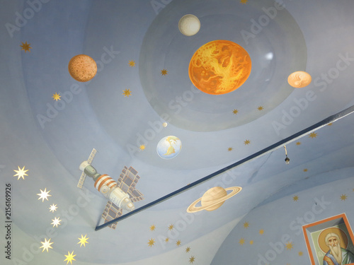 murals and interior of the cosmic Church of St. Andrew the First-Called near the village of Novoselovo, Russia