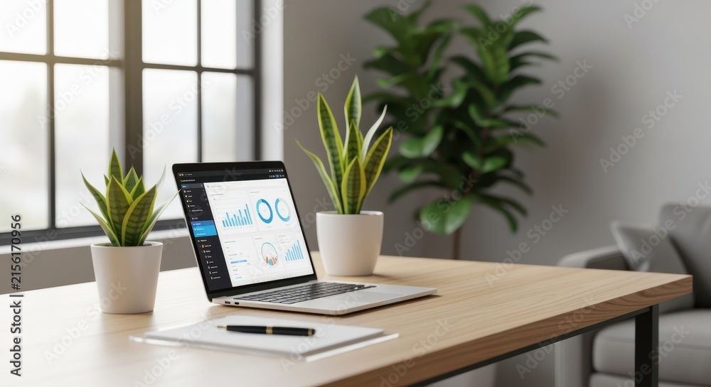 Fototapeta premium Contemporary workspace with natural ambient light featuring a spotless desk active laptop clear writing pad and potted plants for a healthy environment.