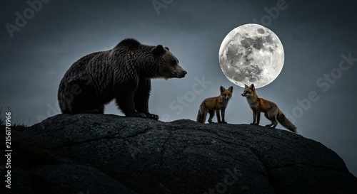 Stoic grizzly and clever red fox silhouetted on a rocky outcrop against a full moon, cinematic