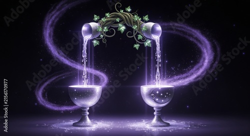 Vine pouring liquid starlight into sun and moon chalices, ethereal particles, glossy cosmic fantasy